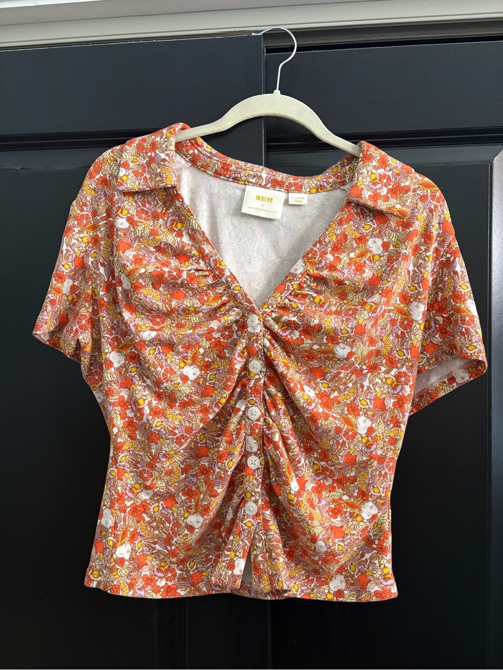 Anthropologie Orange Floral Twist-Front Blouse